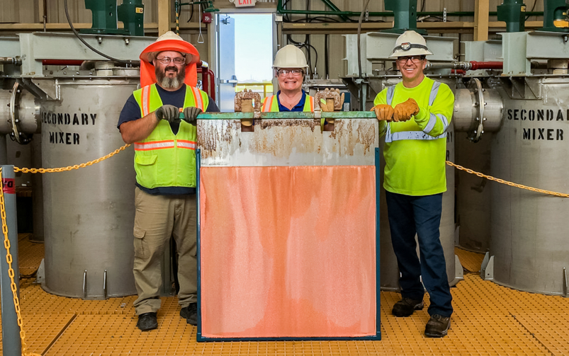 The first copper cathode harvest from Florence Copper’s production test facility in April 2019. Courtesy of Taseko Mines
